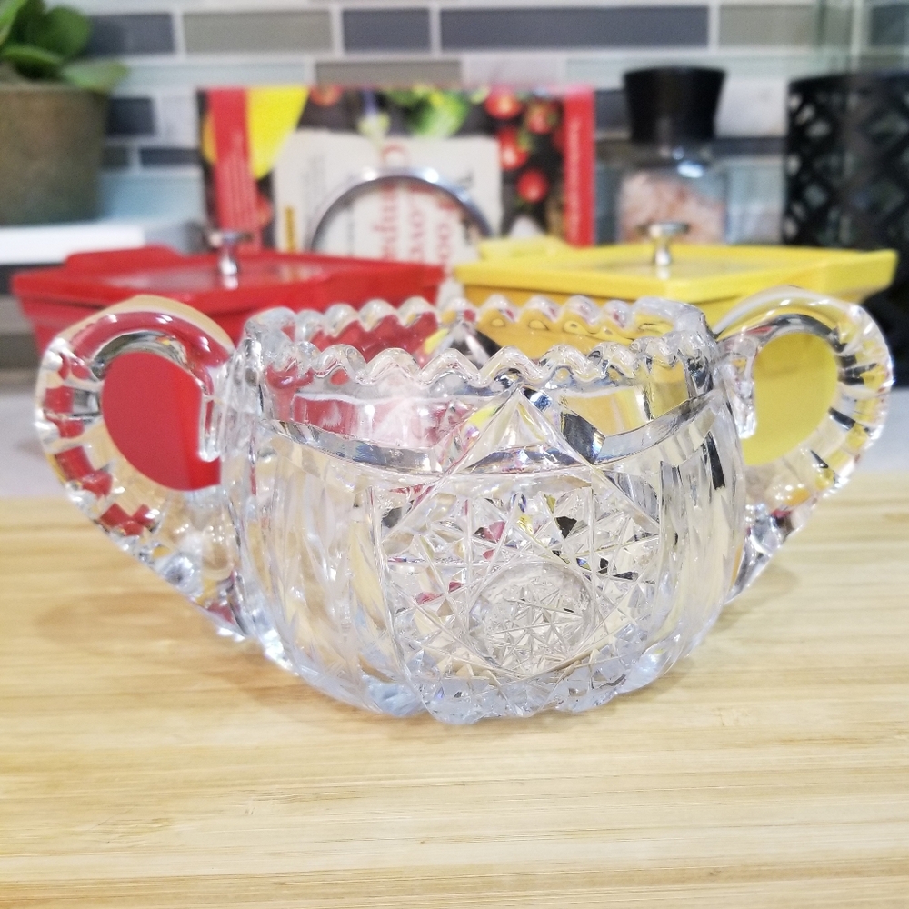 Vintage Heavy Cut Crystal‎ Two Handle Sawtooth Edge Open Sugar Bowl